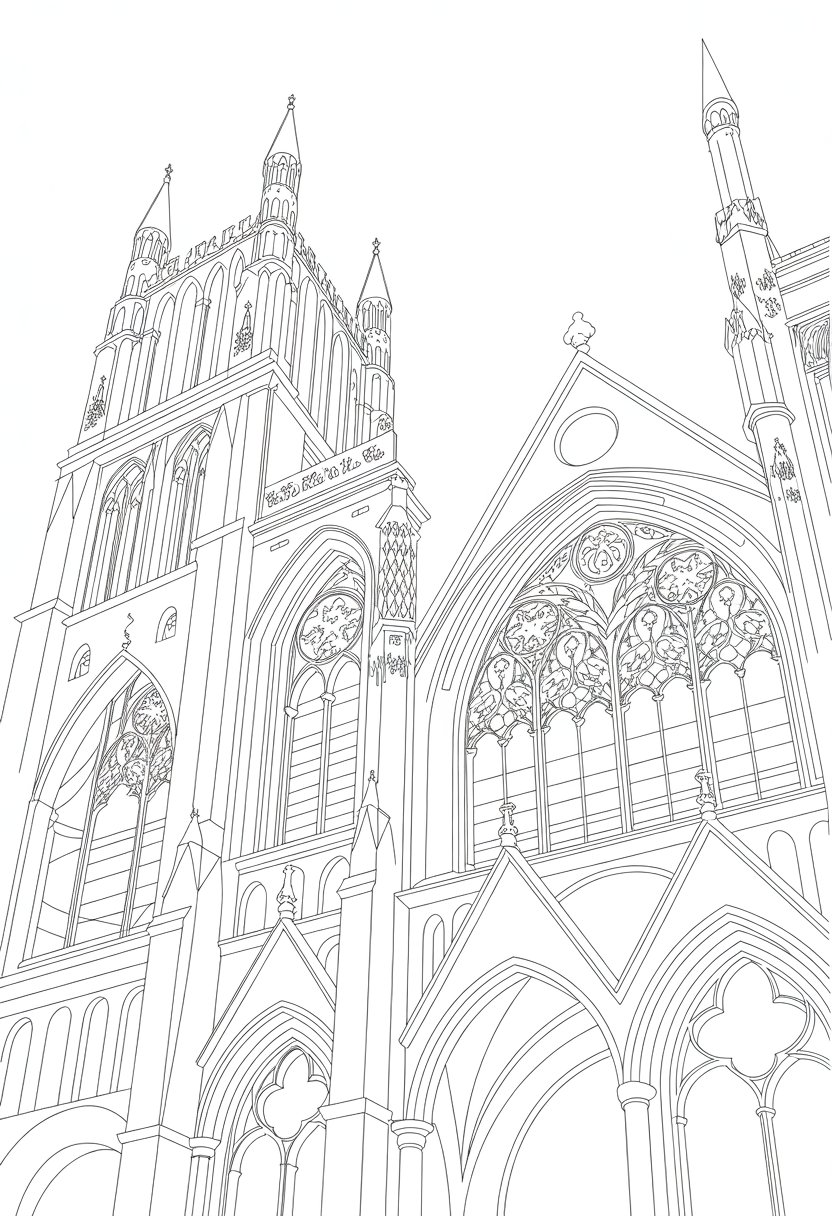 Gothic Coloring Pages for Adults: Top 20 Designs to Download as PDF and Png Files. 25 Detailed line drawing of a Gothic cathedral showing arches, spires, and decorative stonework.